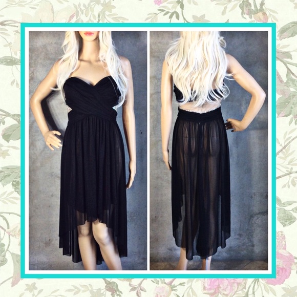 🌺 STRAPLESS DRESS HILO SHEER BLING PADDED MIDI HEART TOP HIGH LOW PETITE SMALL - Picture 12 of 16